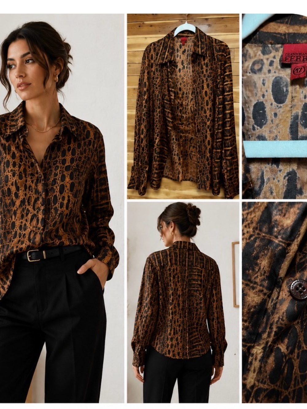 Gianfranco Ferre Brown Animal Print Button Down Shirt Long Sleeve Blouse Size 42